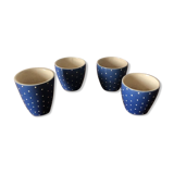 4 small blue artisan earthenware mugs with a white pea pattern