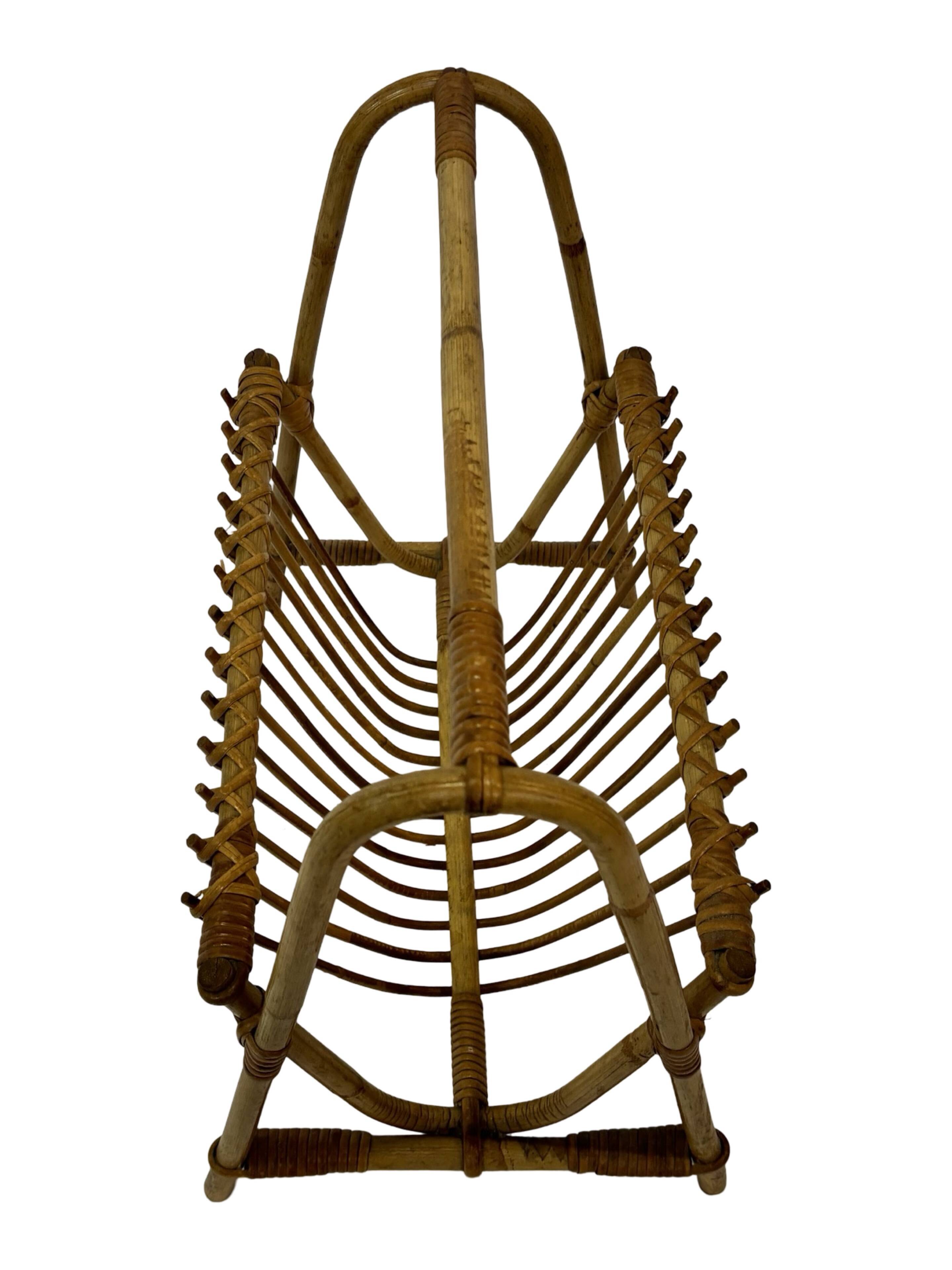 Vintage Rattan Magazine Basket Newspaper Rack 60s Rohe