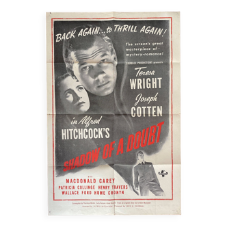 Affiche cinéma américaine "L'Ombre d'un doute" Alfred Hitchcock 69x104cm 50's