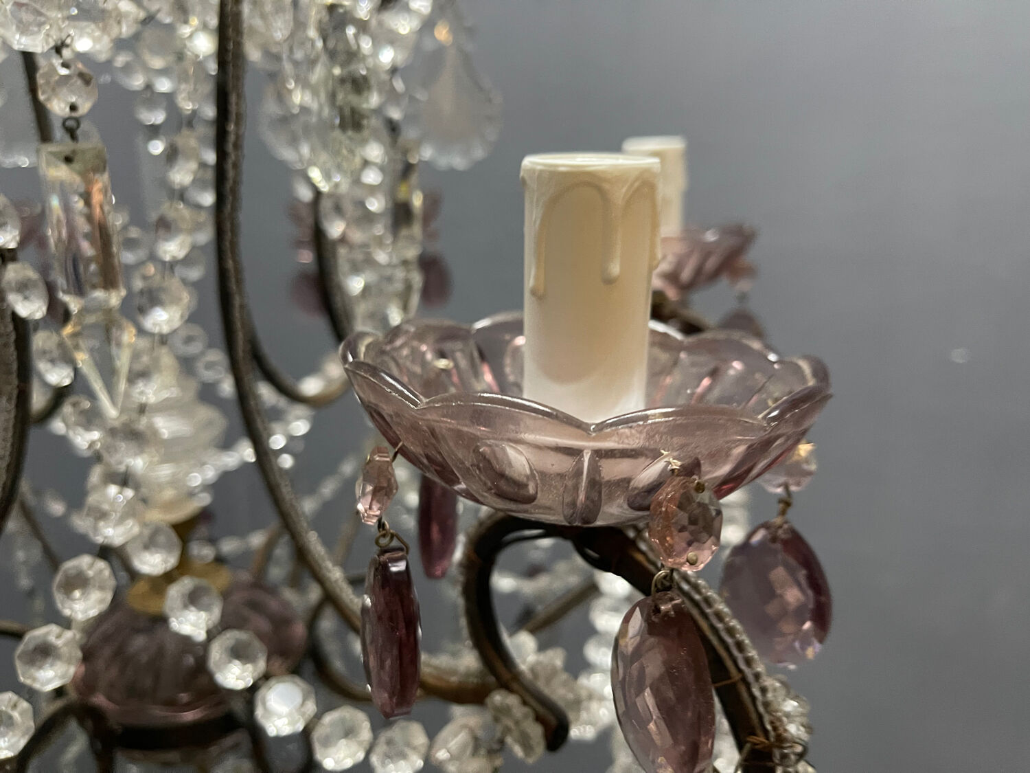Chandelier vintage en cristal italien avec bobeches en verre lilas, 1