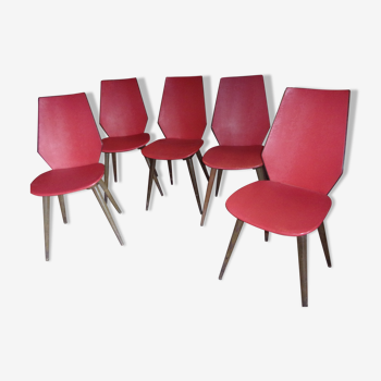 lot of 5 chairs 1950 1960 red feet compass