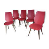 Lot de 5 chaises 1950 1960 rouges pieds compas