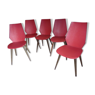 lot of 5 chairs 1950 1960 red feet compass