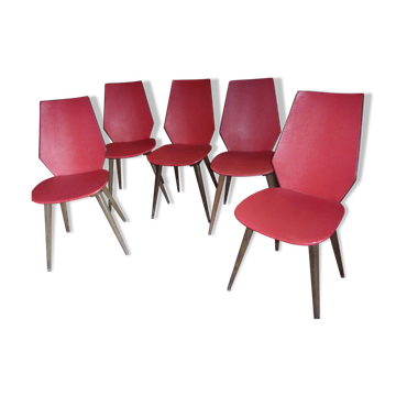 Lot de 5 chaises 1950 1960 rouges pieds compas