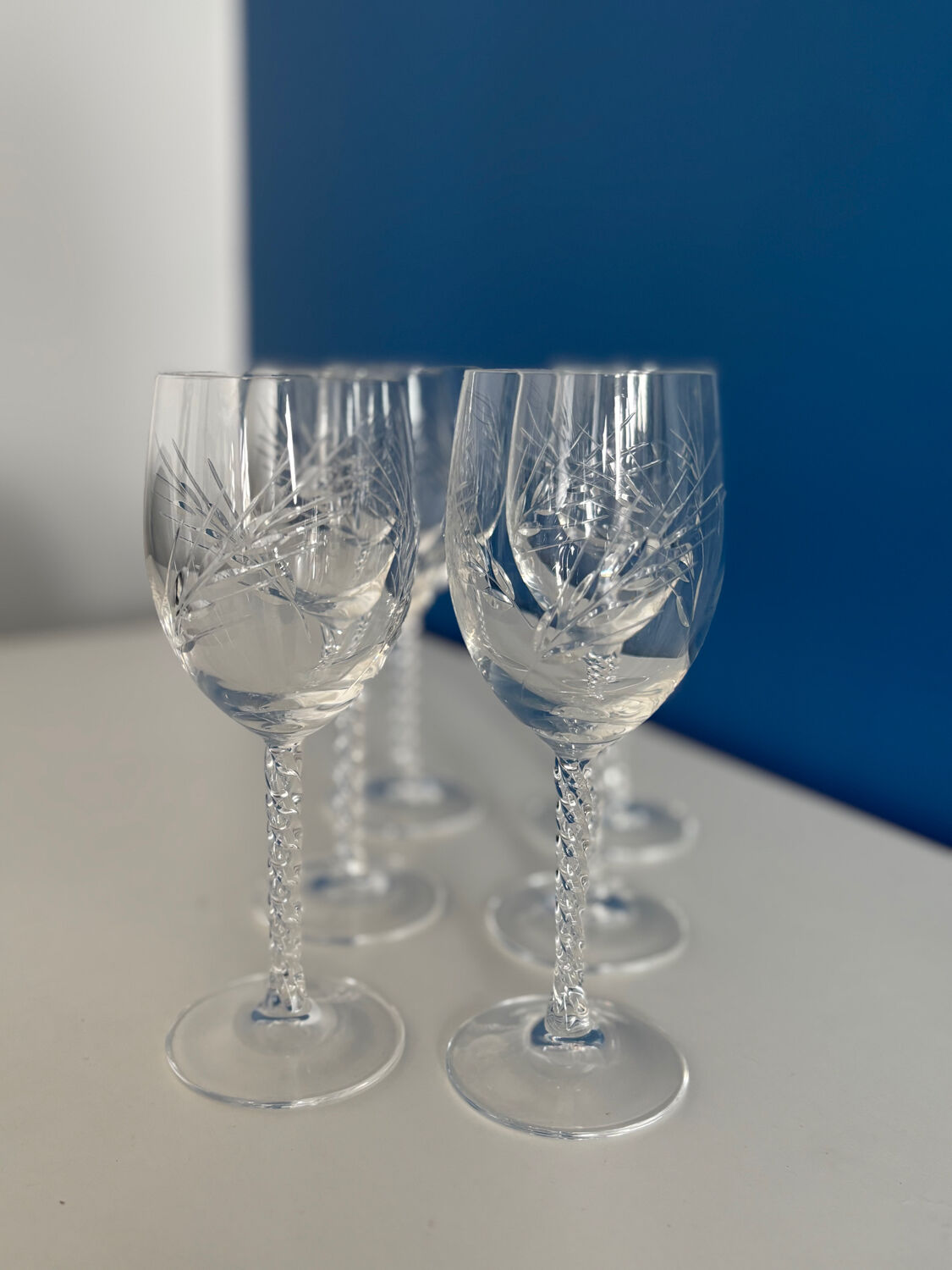 Set of 6 Engraved Crystal Wine Glasses, Spike Pattern | Vintage Elegance v