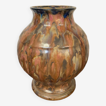 Vase en gres ceramique signé renault argent gres emaille polychrome