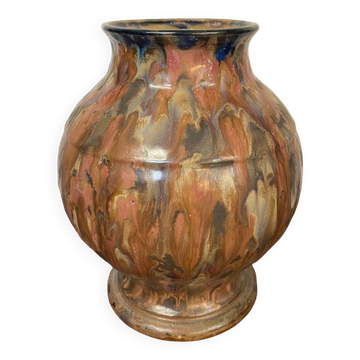 Vase en gres ceramique signé renault argent gres emaille polychrome