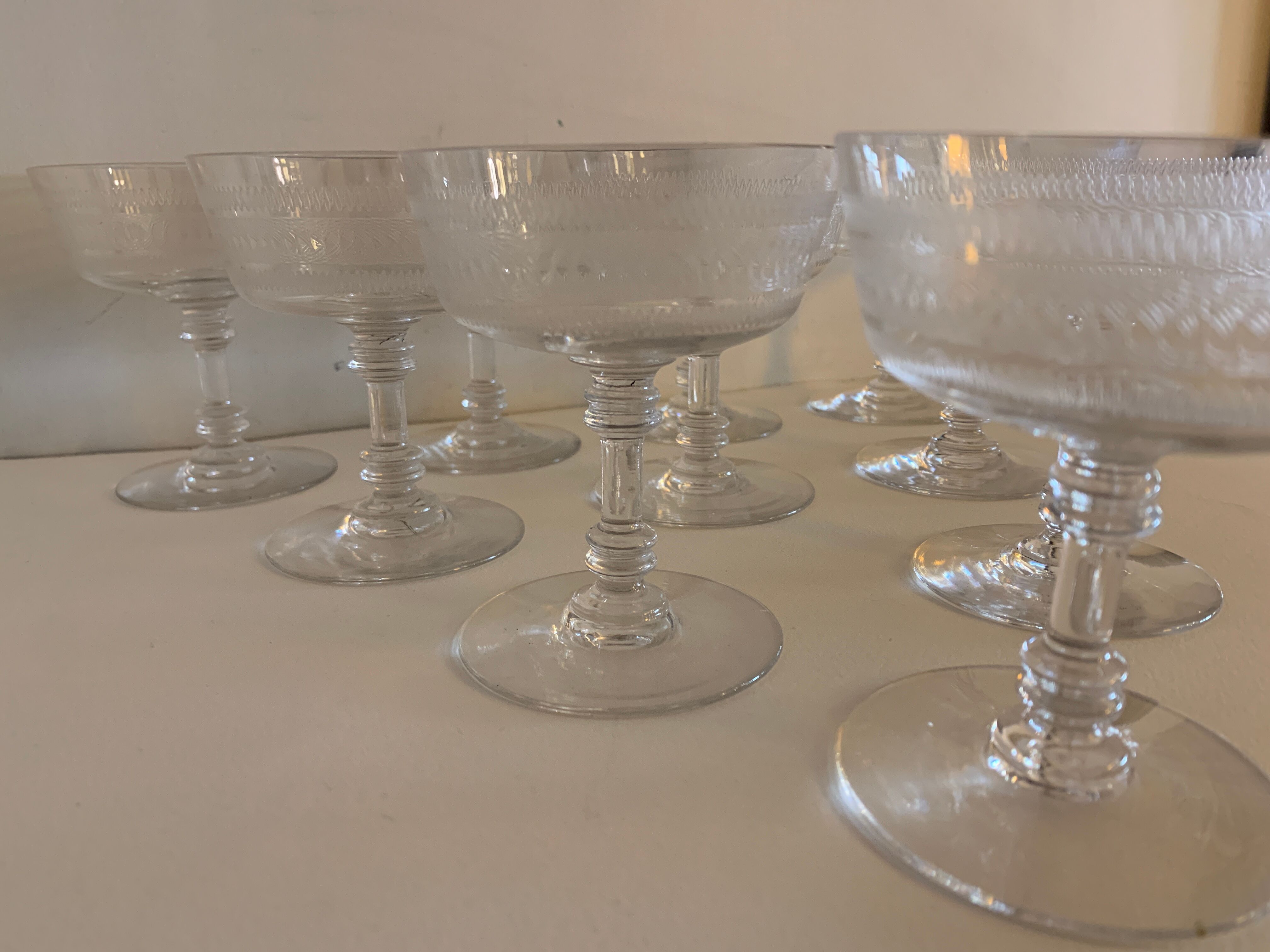 10 old crystal champagne glasses