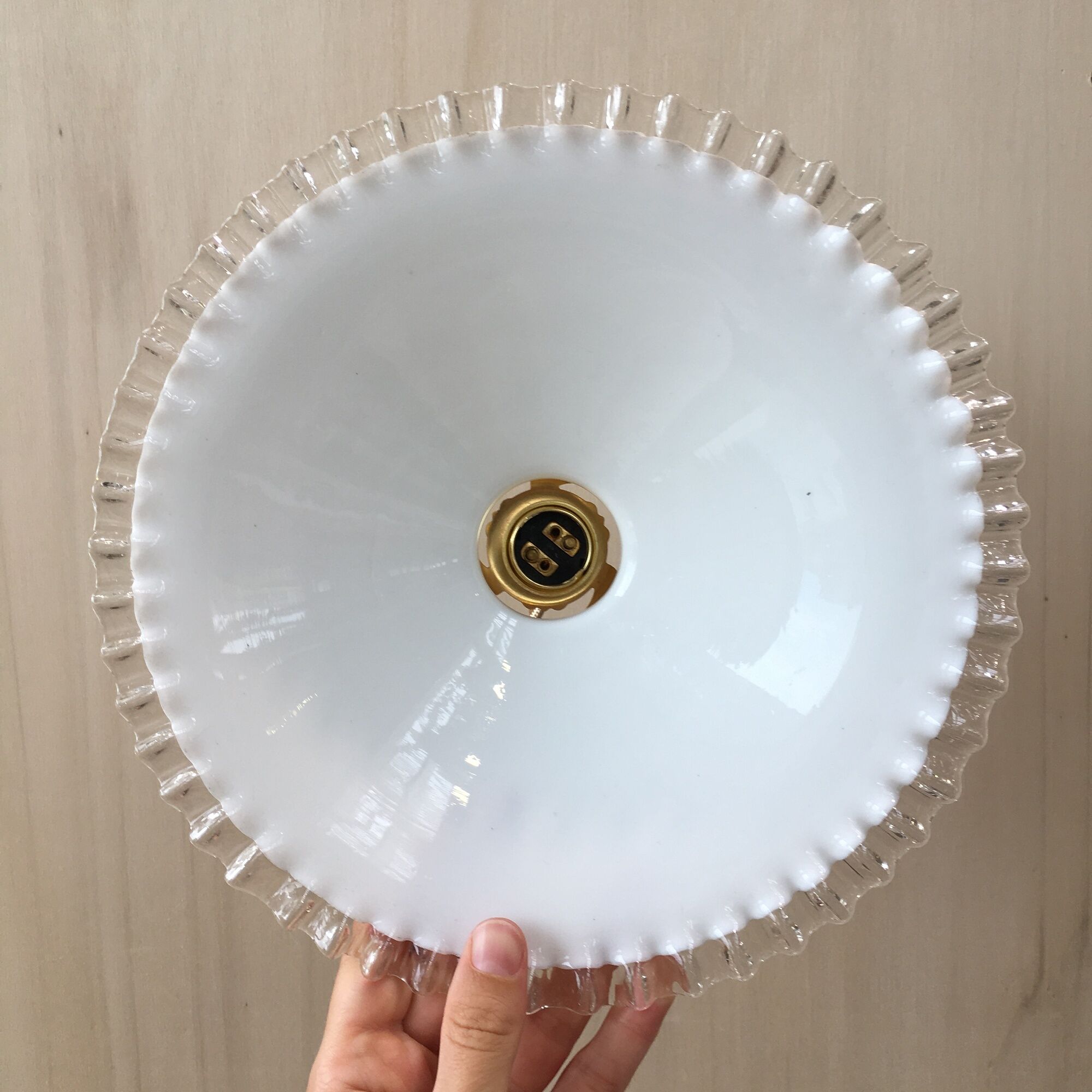 Pair of vintage white opaline pendant lamps and transparent serrated edges