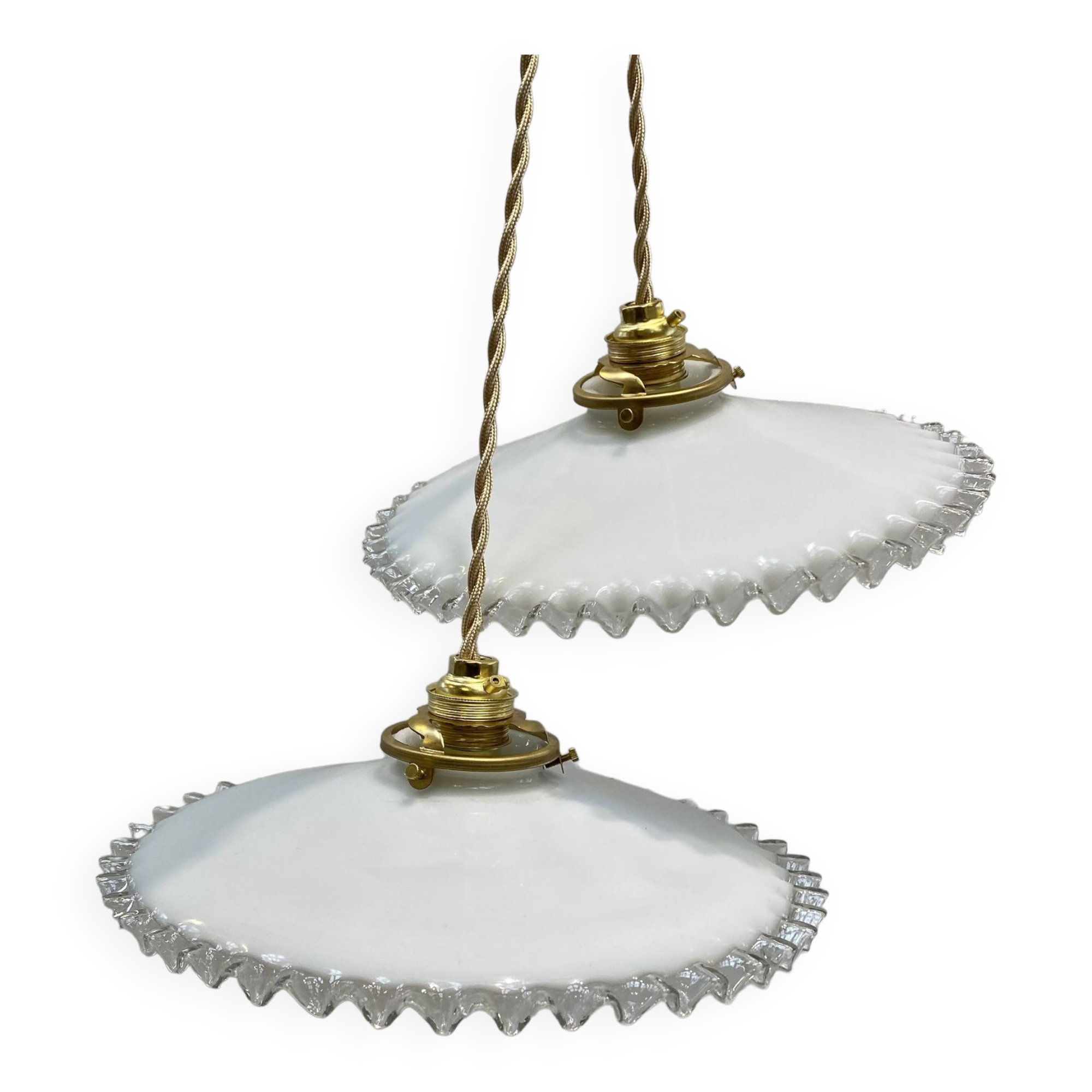 Pair of vintage pendant lights in white opaline and transparent serrated edges
