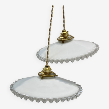 Pair of vintage pendant lights in white opaline and transparent serrated edges