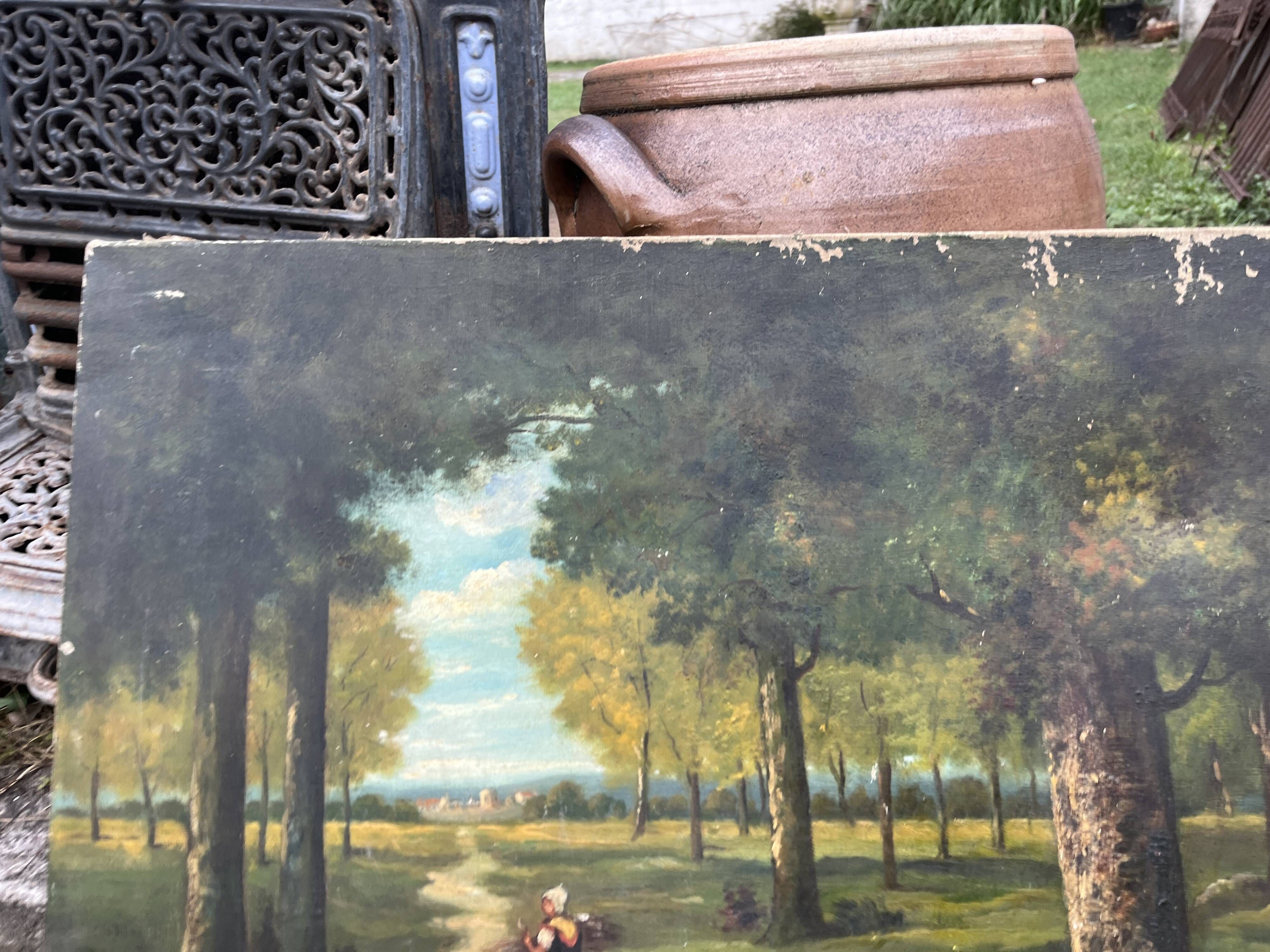 Antique painting 19th century – pastoral scene with shepherdess and sheep, signed P. Oudi