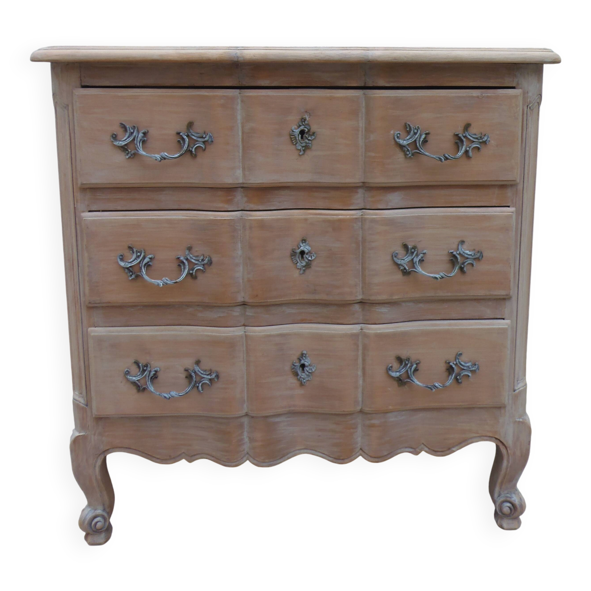 Beautifully crafted Louis XVI style commode in bleached wood.