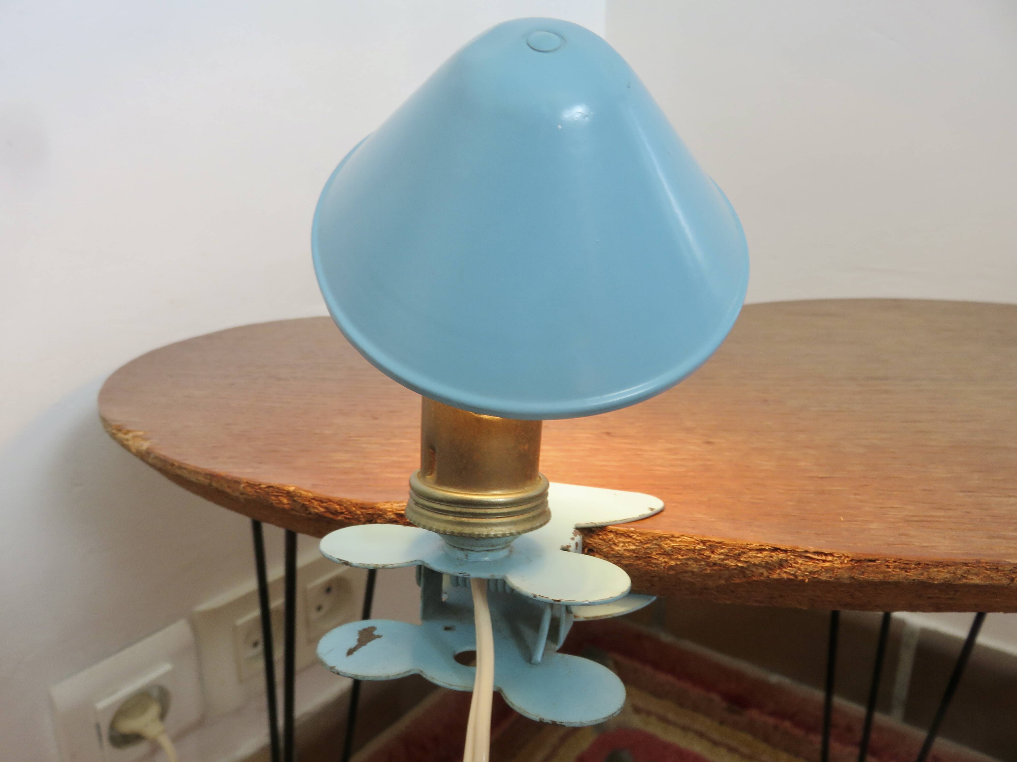 Blue aluminum mushroom clip lamp from the 50s and 60s