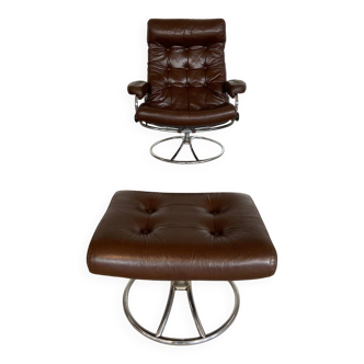 Vintage brown leather reclining lounge chair Ekornes Stressless & stool, 1960s