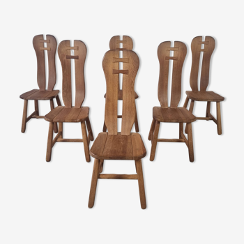 6 brutalist oak chairs from De Puydt, Belgium 1980s