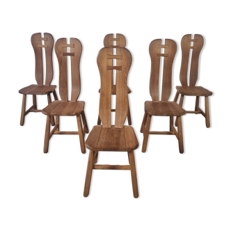 6 brutalist oak chairs from De Puydt, Belgium 1980s