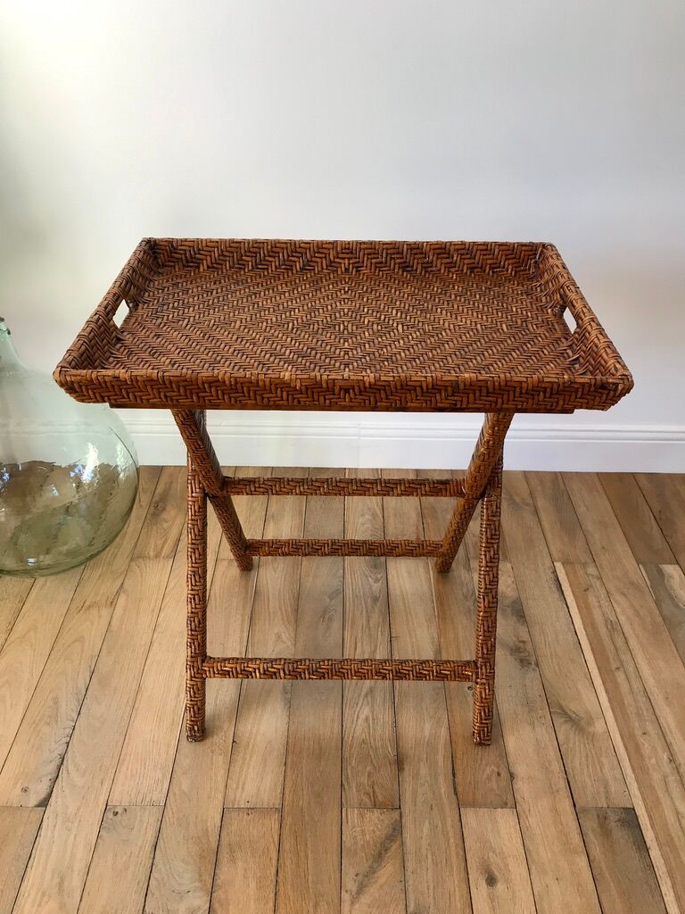 Rattan console exotic wood vintage removable tray 70s