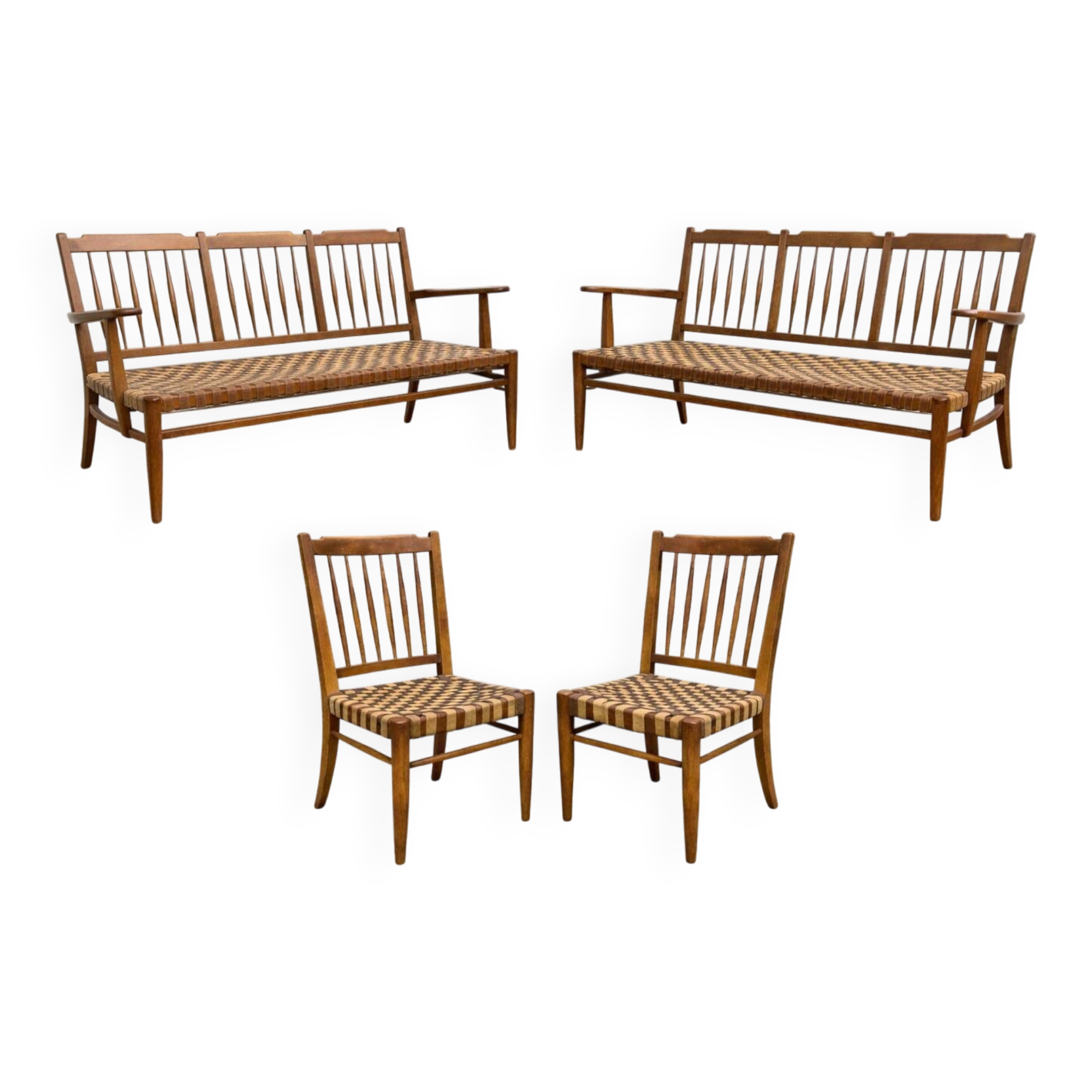 Lajos Kozma, pair of mid-century Hungarian oak sofa-bench & chairs in untouched condition, 1940s Hungary (extremely rare)