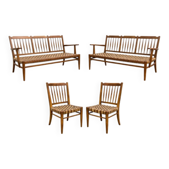 Lajos Kozma, pair of mid-century Hungarian oak sofa-bench & chairs in untouched condition, 1940s Hungary (extremely rare)