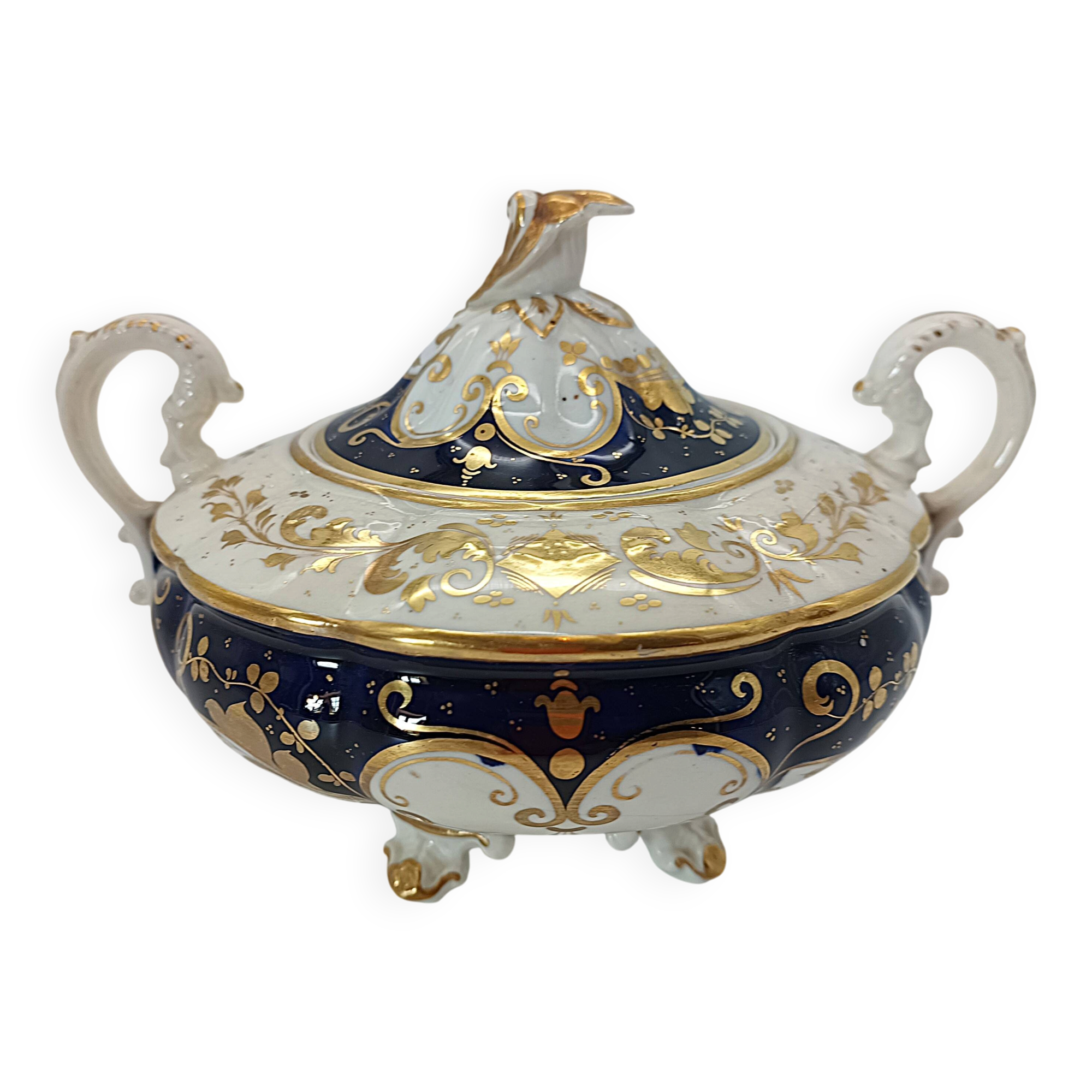 Antique porcelain sweet jar in gilded and cobalt blue, Napoleon III style.