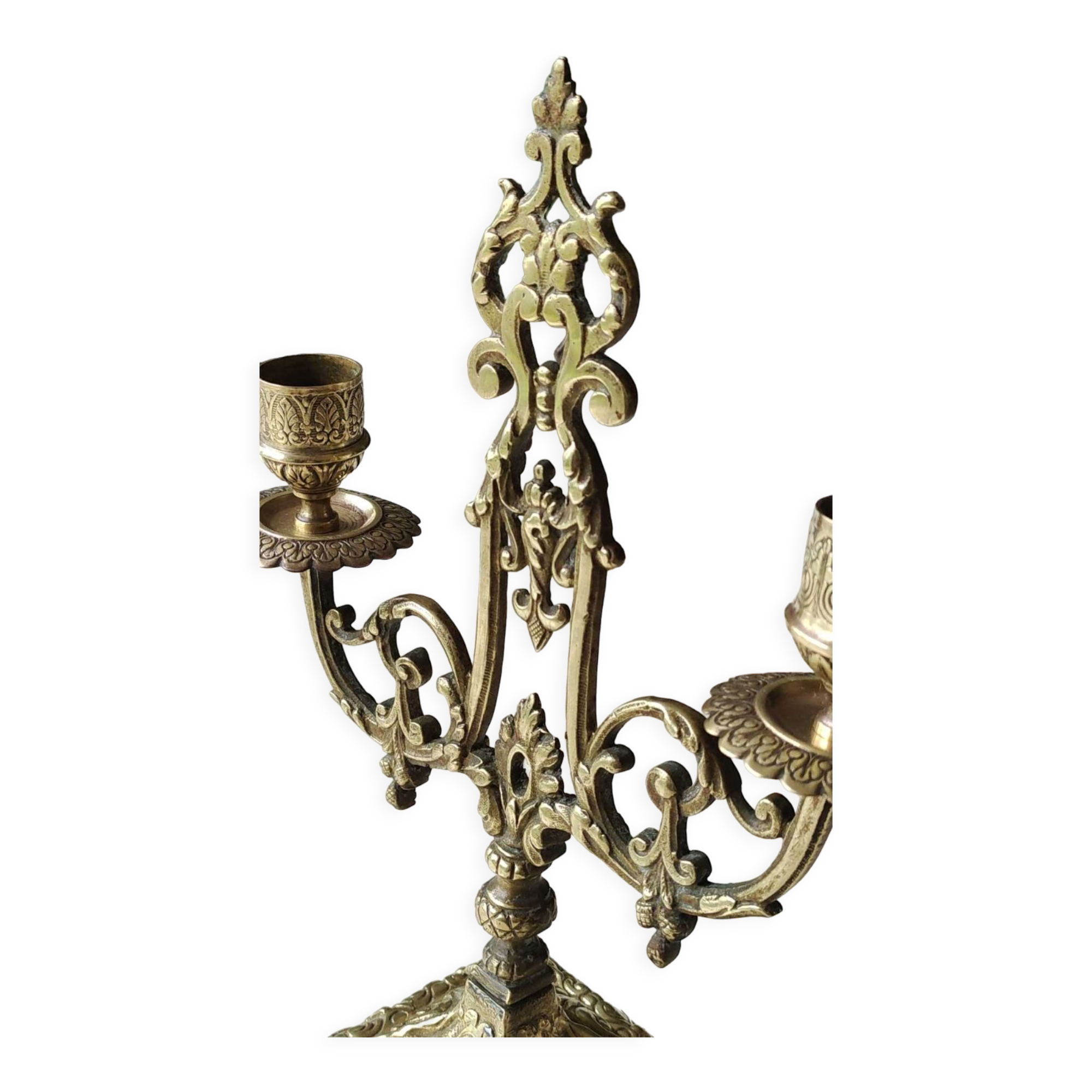 Altar candlestick with 2 branches, napoleon iii style, bronze patina old gold