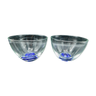 Duo of cobalt blue-bottomed glass bowls