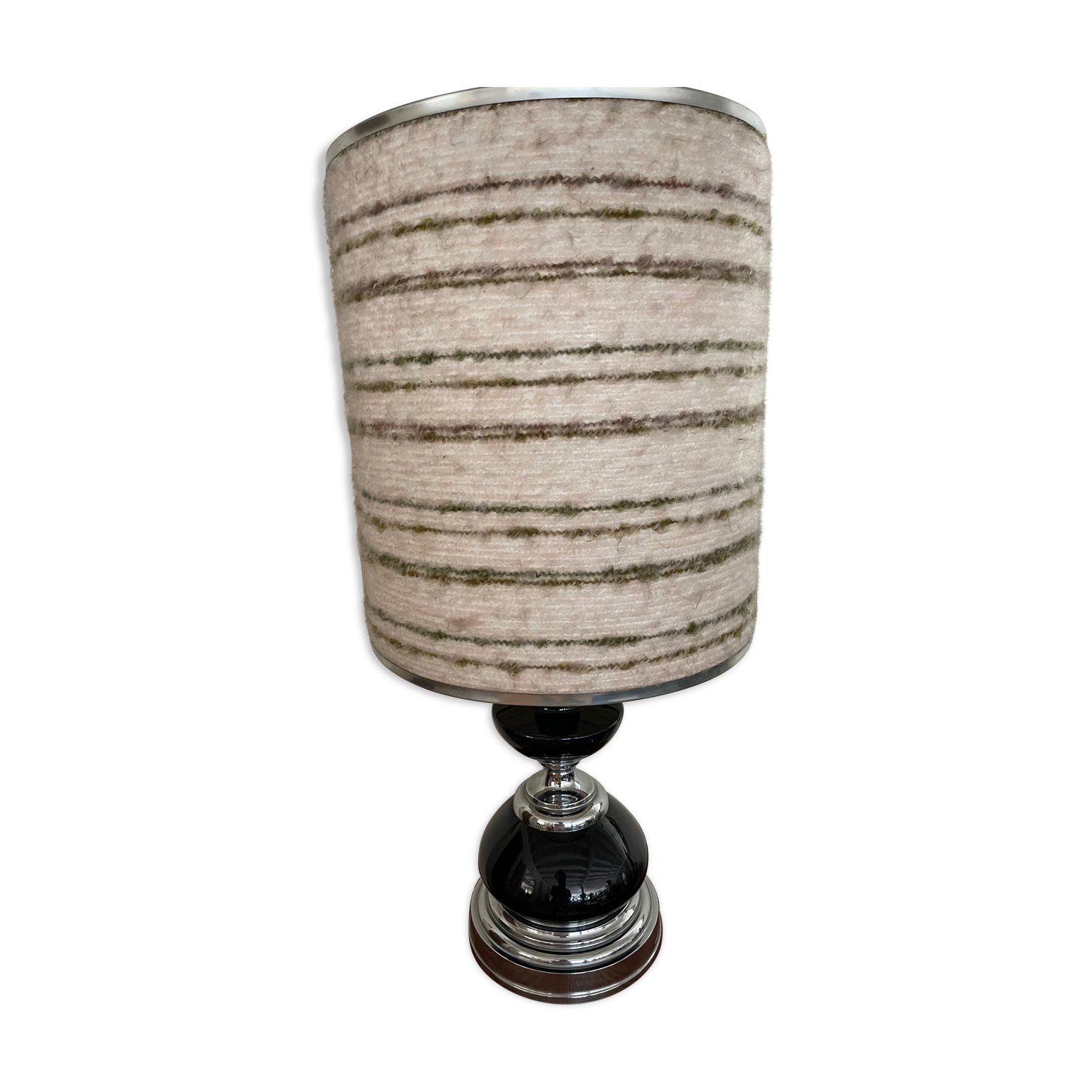Black glass and metal lamp, vintage wool lampshade