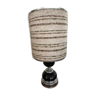 Black glass and metal lamp, vintage wool lampshade