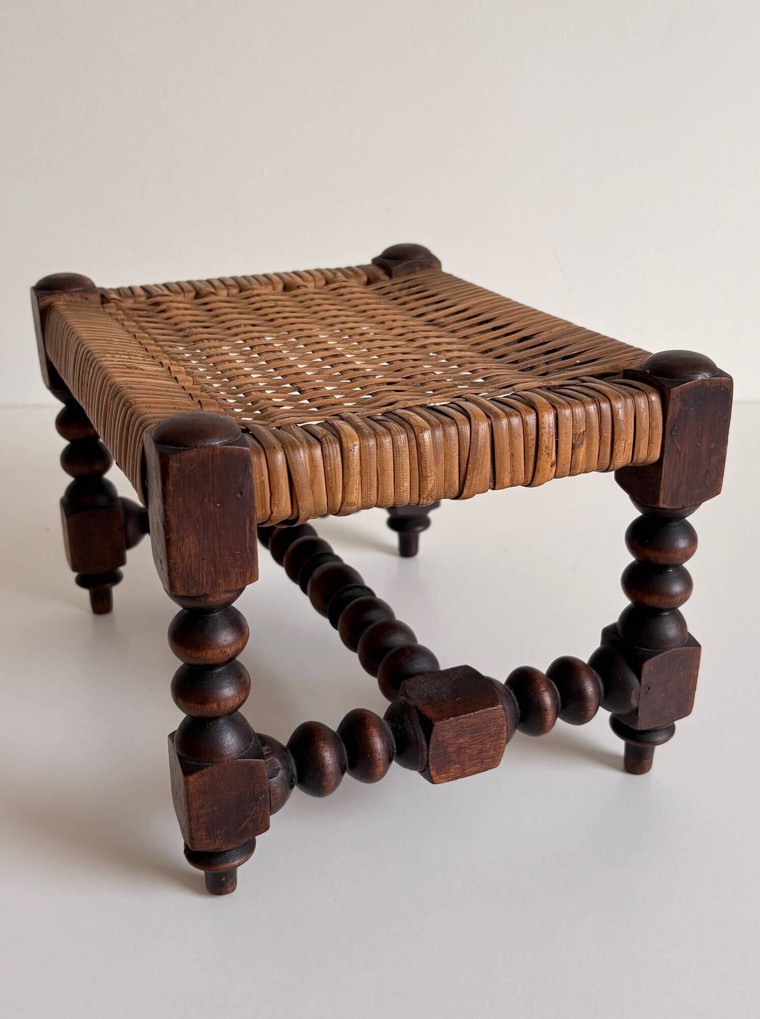 Antique French Turned Wood and Woven Rattan Footstool/ Sidetable