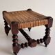 Antique French Turned Wood and Woven Rattan Footstool/ Sidetable