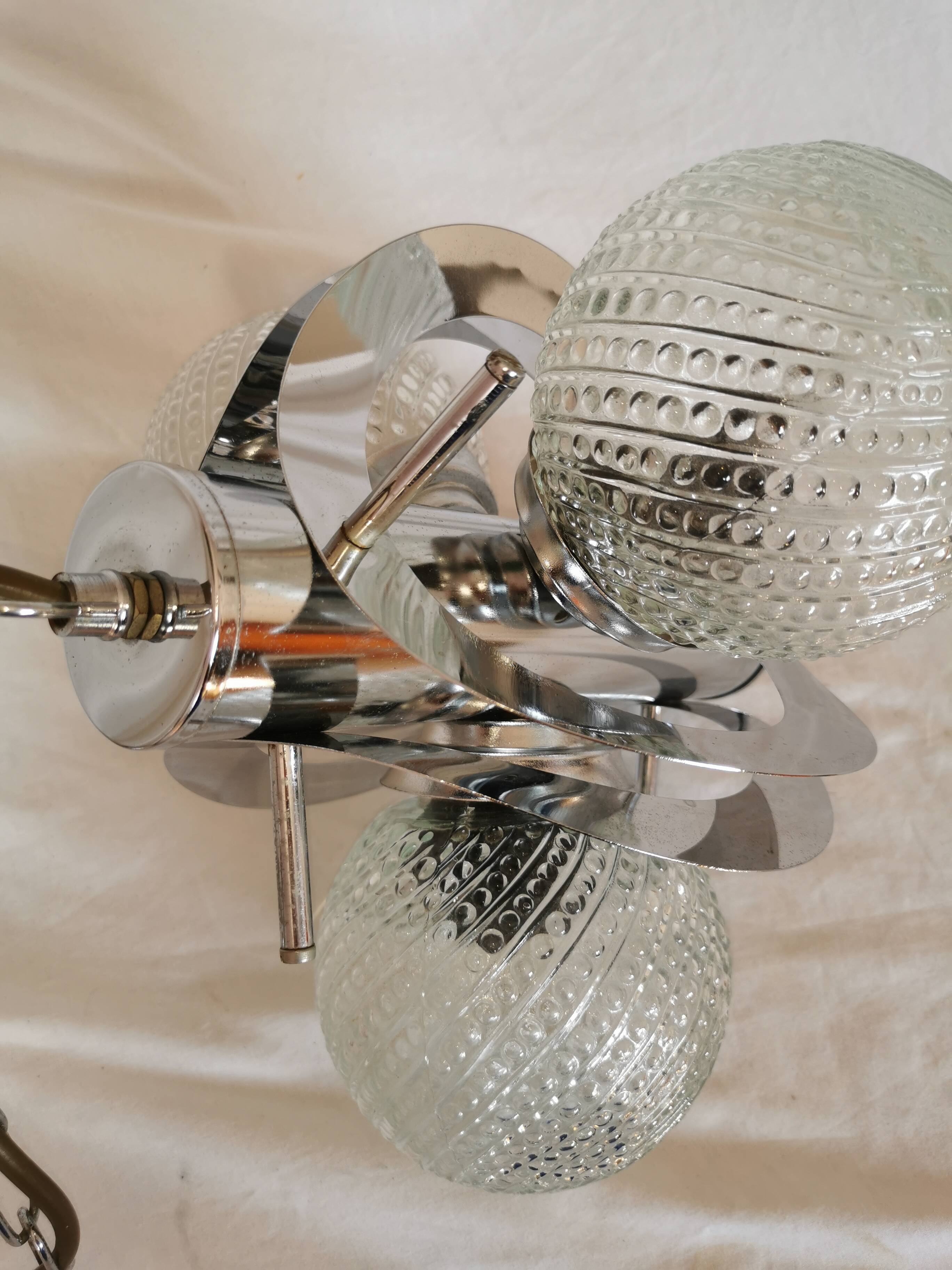 Space age chandelier with 3 lights, stainless steel and cut glass, Mazzega style, 1970
