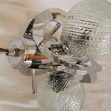 Space age chandelier with 3 lights, stainless steel and cut glass, Mazzega style, 1970