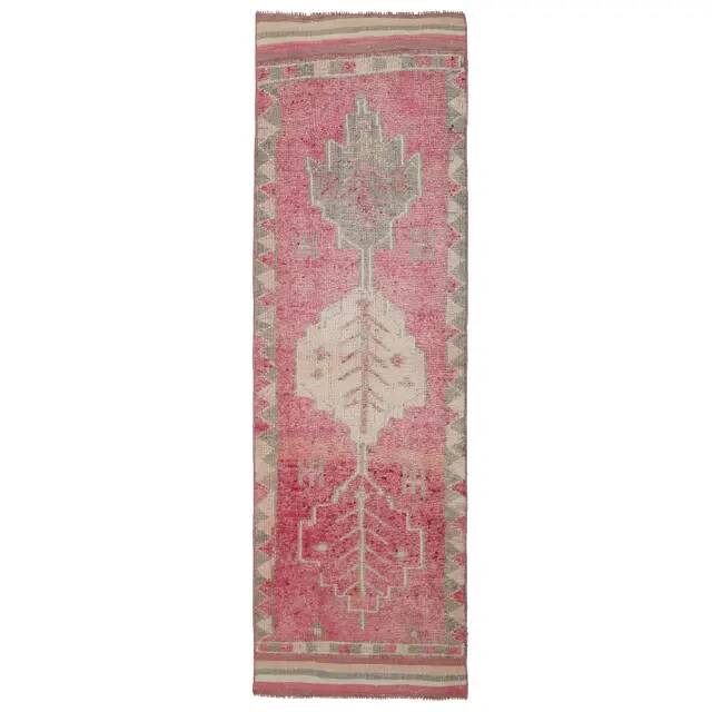 1970s Vintage Turkish Hand-Knotted Wool Cotton Pink Runner Rug 90x303