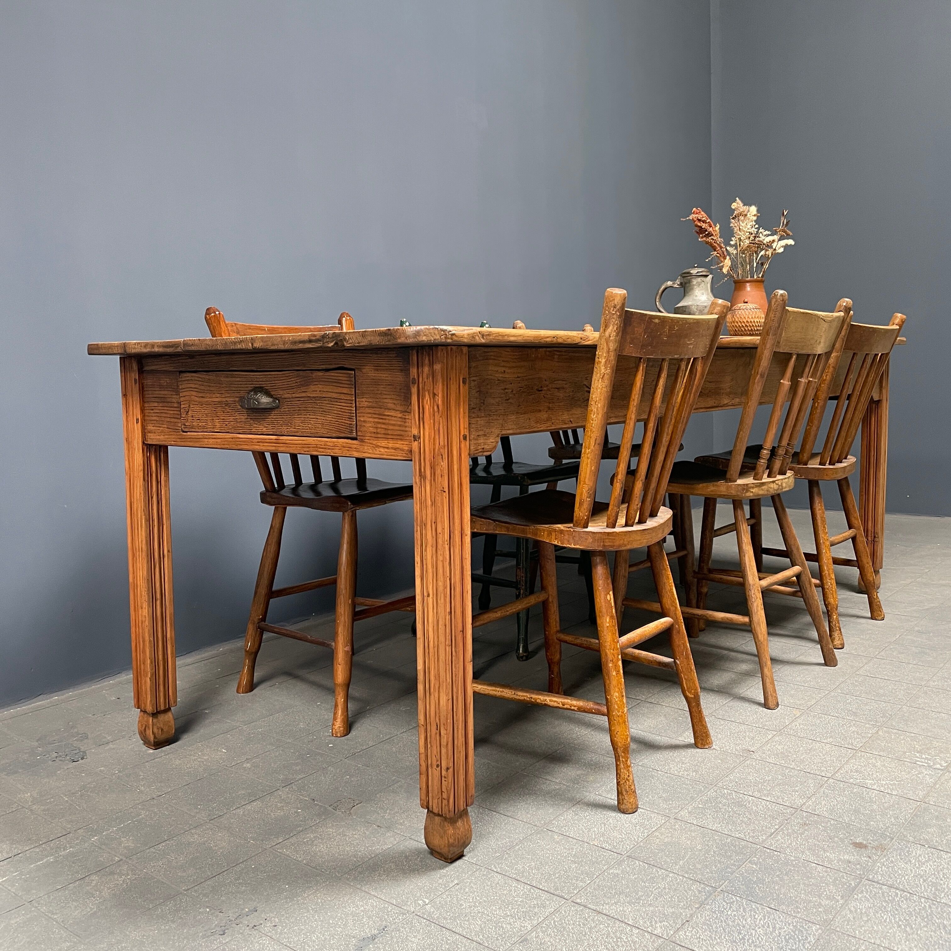 Large oak farmhouse table from France, early 1900s