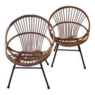 Pair of rattan armchairs, iron legs