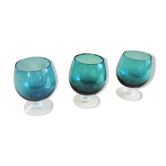 3 old turquoise blue cognac glasses