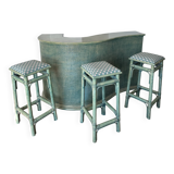 Green rattan bar and its 3 stools with Provencal fabric