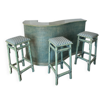 Bar rotin vert et ses 3 tabourets avec tissu provençal