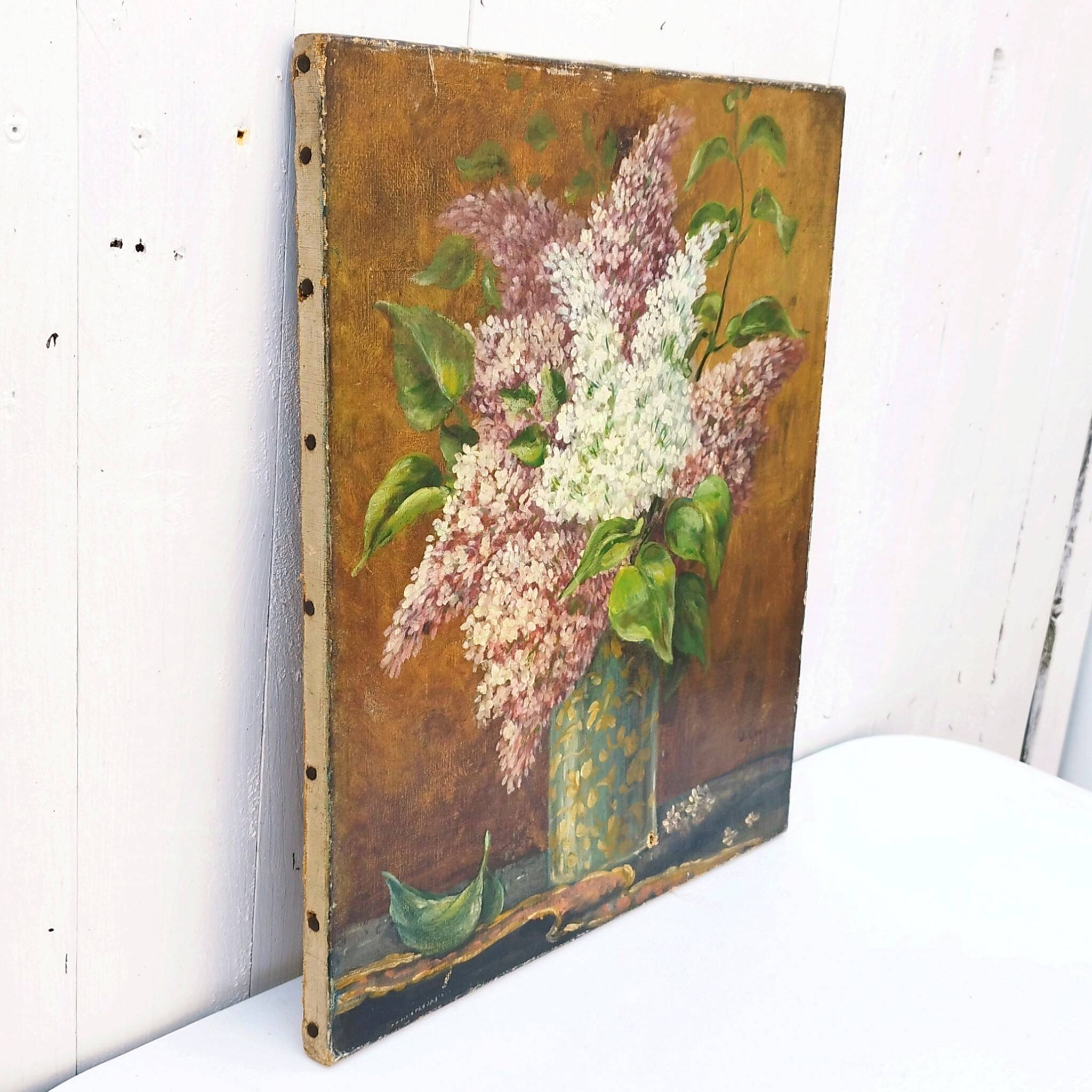 Oil painting on canvas bouquet of lilacs 1903 Vintage