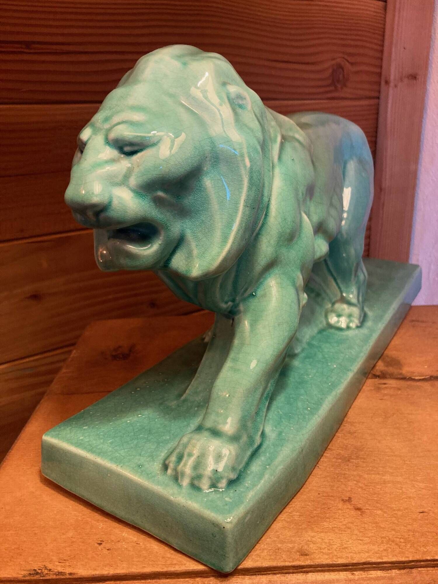 Large Art Deco lion sculpture, in crackled enamel, Peugeot, 1934, Le Jan