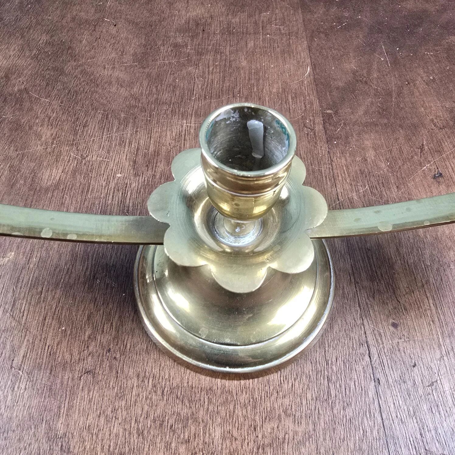 Vintage brass candle holder with 3 lights, flower drip trays, ideal for a centrepiece.