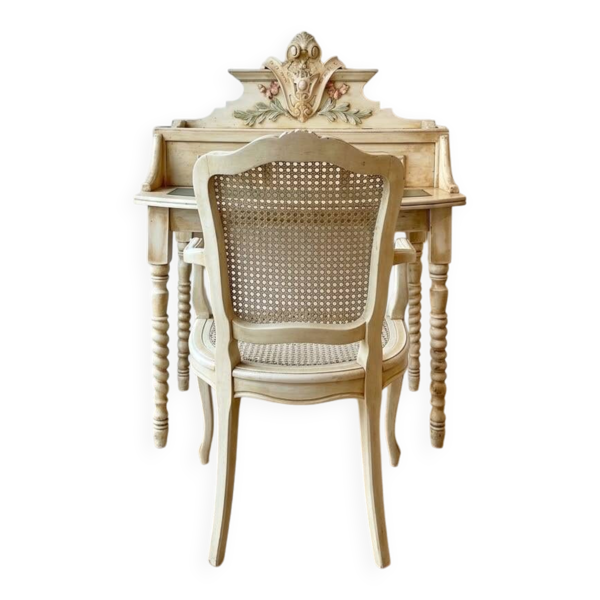 Ancienne Coiffeuse / Console / Petit Bureau Secrétaire + Fauteuil en cannage