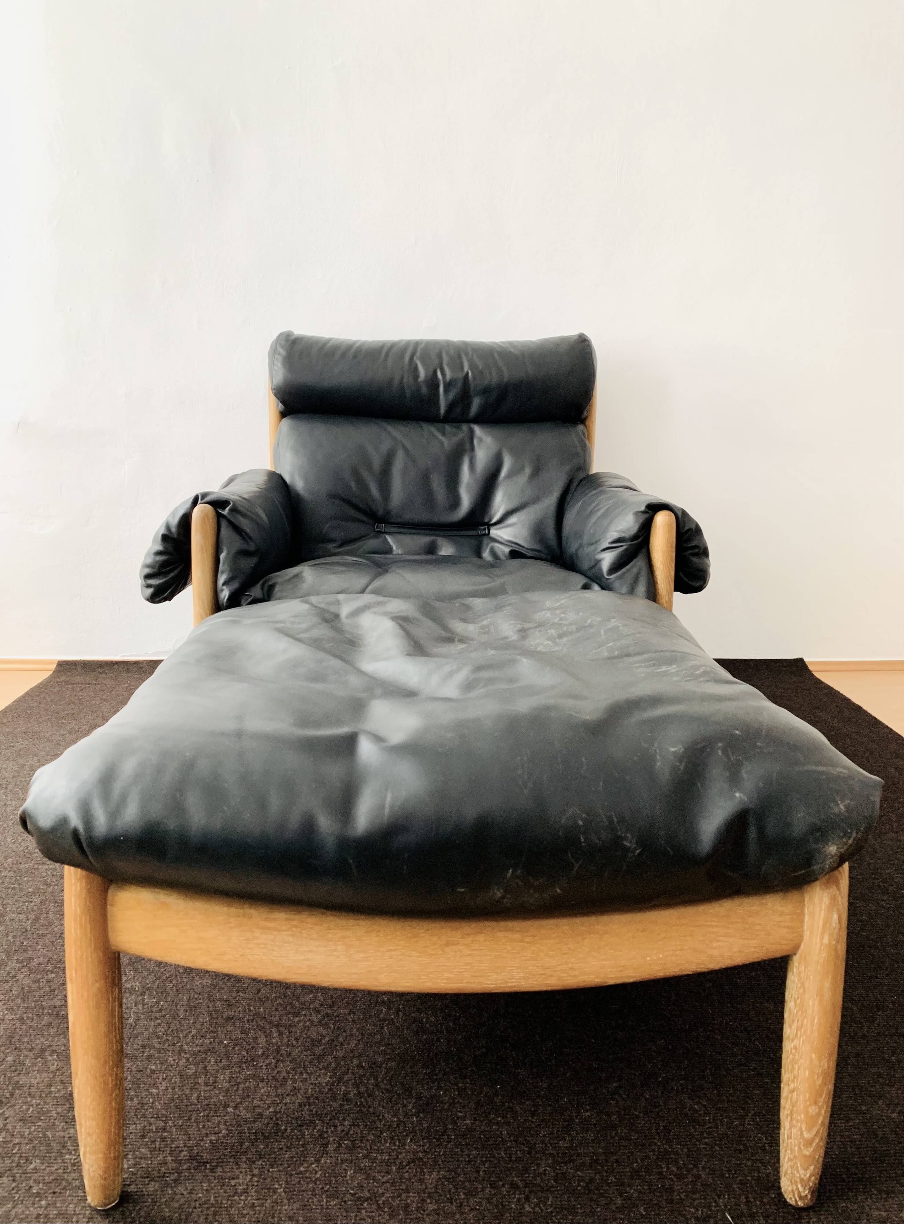 Danish Oak and Leather Lounge Chair with Ottoman