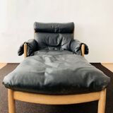 Danish Oak and Leather Lounge Chair with Ottoman