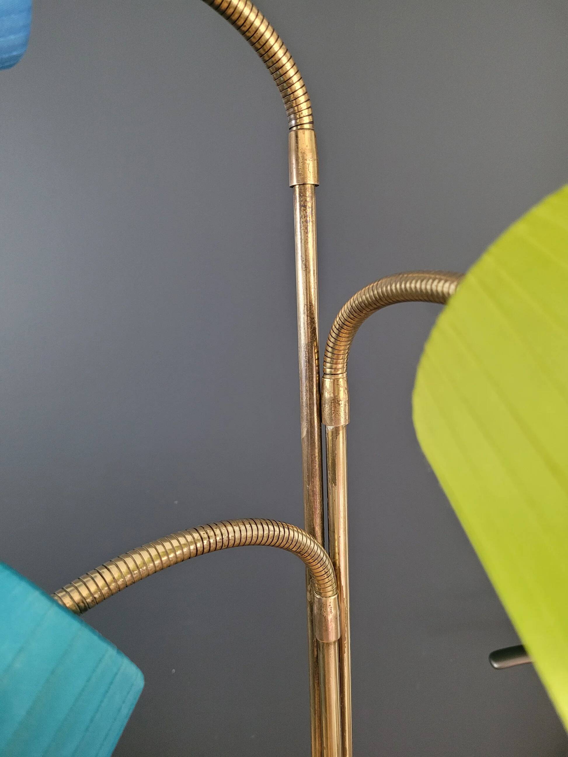 1950s three-light floor lamp with coloured shades