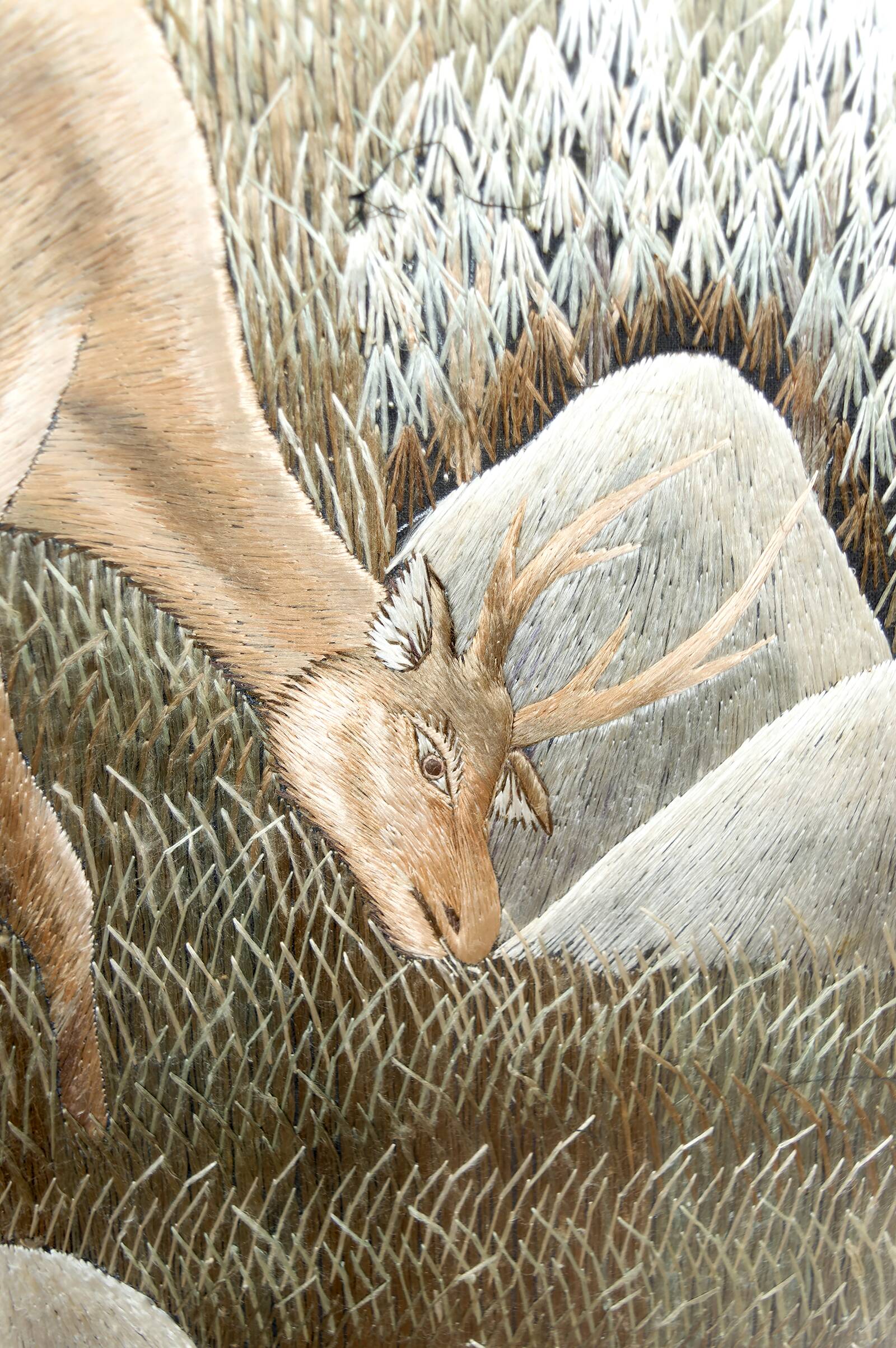 Important Indochinese silk embroidered hanging, Deer in the forest, circa 1940