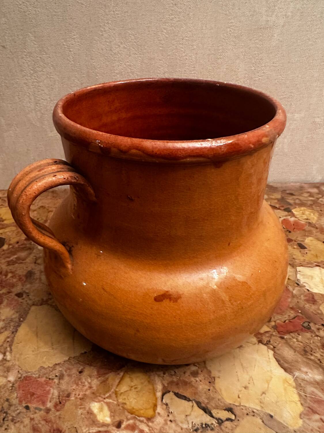 Old pot with handles in glazed Provençal pottery