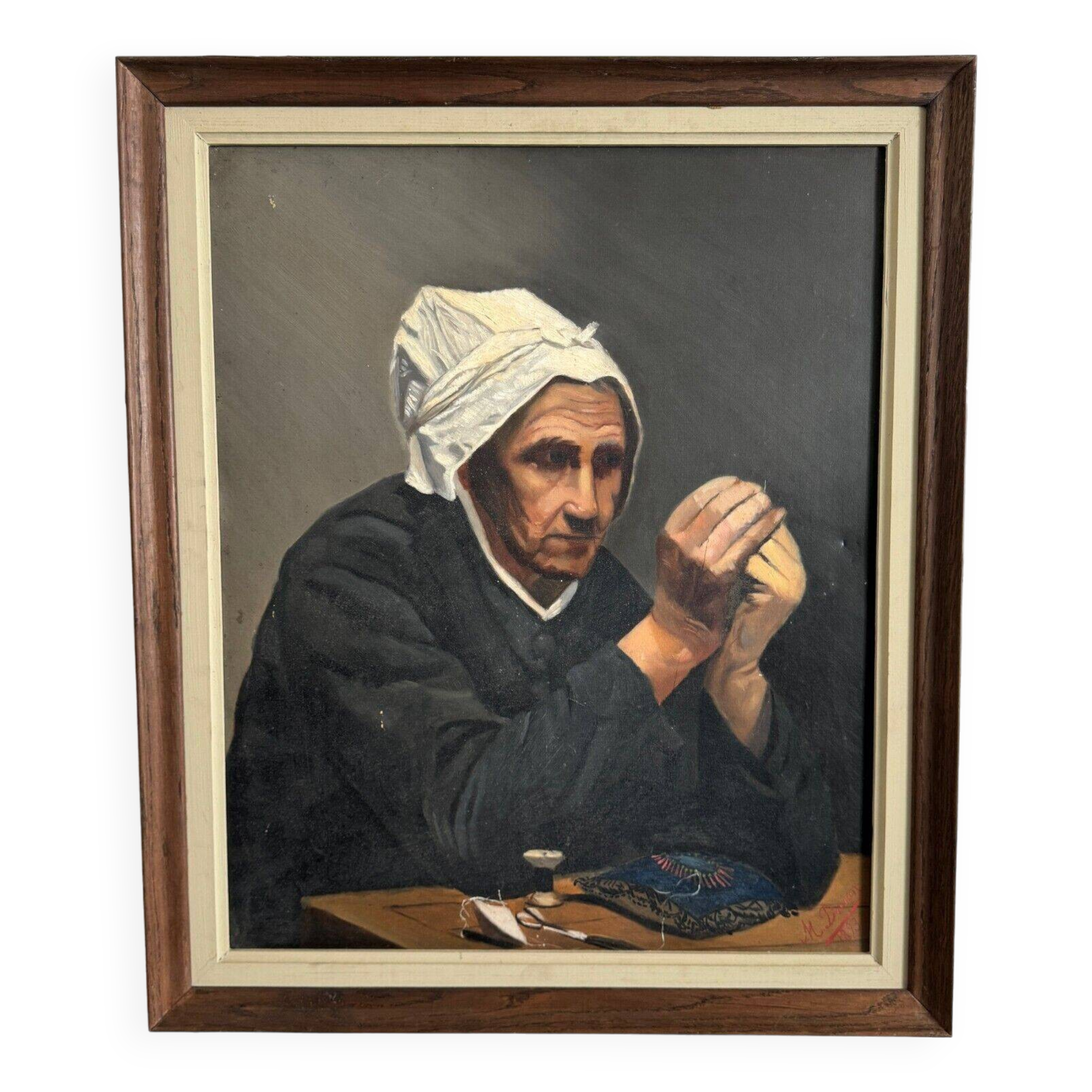 Oil on canvas by M. Dorion 1893 portrait of a Breton woman at work