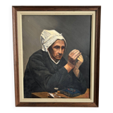 Oil on canvas by M. Dorion 1893 portrait of a Breton woman at work
